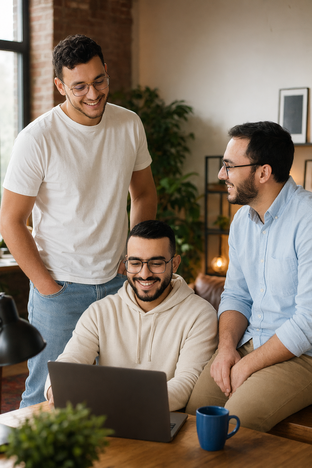 Trois membres de l'équipe ViA-Nous autour d'un ordinateur portable, dans un espace de travail lumineux.